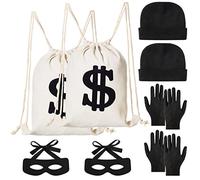 YAROMO Juego de 8 disfraces de ladrón, incluye mochila de lona con signo de dólar, bolsas de dinero, máscara de ojo bandido, gorro, guantes para Halloween, cosplay, fiesta temática de ladrones