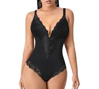 YARRCO Body Reductor Mujer Adelgazante Tanga Escote V Body Moldeador de Encaje Faja Control de Abdomen Posparto Shapewear Bodysuit (Negro Puro,M)