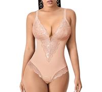 YARRCO Body Reductor Mujer Adelgazante Tanga Escote V Body Moldeador de Encaje Faja Control de Abdomen Posparto Shapewear Bodysuit (Beige,XL)