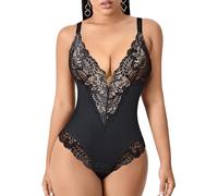 YARRCO Body Reductor Mujer Adelgazante Tanga Escote V Body Moldeador de Encaje Faja Reductoras Control de Abdomen Posparto Shapewear Bodysuit (Negro,XXL)