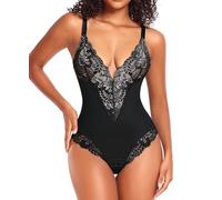 YARRCO Body Reductor Mujer Adelgazante Tanga Escote V Body Moldeador de Encaje Faja Reductoras Control de Abdomen Posparto Shapewear Bodysuit (Negro-Lace,L)