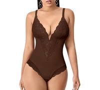 YARRCO Body Reductor Mujer Adelgazante Tanga Escote V Body Moldeador de Encaje Faja Reductoras Control de Abdomen Posparto Shapewear Bodysuit (Café,XXL)