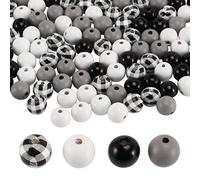 Yarryuter 160 Piezas de Cuentas Redondas de Madera Artesanal Cuentas de Madera a Cuadros Cuentas de Madera de Navidad de Verano Cuentas de Granja Naturales (Tela Escocesa y Negra)