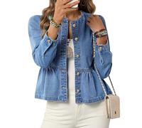 Yarryuter Chaqueta Vaquera Peplum para Mujer, Sin Cuello, Cuello Redondo, Abotonada, Corta, con Bajo con Volantes Azul XL