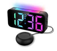 Yarryuter y Potente Reloj Despertador Digital con Vibración RGB, Luz Ambiental, Función de Repetición de 2 Alarmas y Alimentación por USB para Personas Que Duermen Profundamente