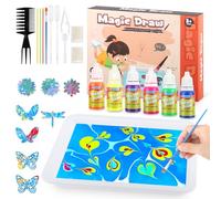 YARVPUV Kit Pinturas para Niños, Pintura para Magic Marbling Art de 6 a 12 Años, Pintura de Mármol de Agua con 6 Colores y 8 Adornos de Madera, kit de Manualidades para Niñas y Niños