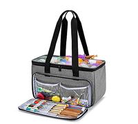 YARWO Bolsa de Labores, Bolsa Portátil de Ovillos con Funda Transpatrentes para Labores de Tejer, Agujas de Tejer Circulares y Rectas, Ovillos de Lanas y Accesorios de Tejer, Gris con Patrón Ovalado.