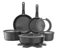 YASHE Batería de Cocina de 15 Piezas Antiadherente de Granito, Juego de Sartenes y Ollas con Mango Extraíble, Apto para Inducción y Horno, Apilable y Ahorro de Espacio, para Caravana