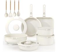 YASHE Batería de Cocina 21 Piezas, Antiadherente, con Mangos Desmontables y Tapas de Vidrio, Compatible con Inducción, Horno y Lavavajillas, Apilable, Blanca