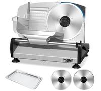 YASHE Cortadora De Fiambre Con Motor DC Silencioso 200W, Dobles Cuchillas Inox 19CM Extraíbles, Carro Alimentario, Bloqueo Infantil, Grosor Ajustable 0-15mm Para Carne, Queso Y Pan