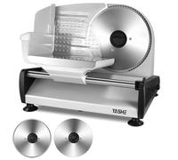 YASHE Cortadora de Fiambre, Cuchillas Serradas y Lisas de 19cm, 250W | Cortadora de Carne y Pan de Espesor Ajustable 0-15mm, Bloqueo de Seguridad, Pies Antideslizantes, Fácil de Limpiar