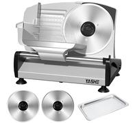 YASHE Cortadora de Fiambre, Motor DC Silencioso, 2 Cuchillas de 19 cm | Cortafiambres Eléctrico, Grosor Ajustable 0-15mm, Cuchillas Dentada y Lisa, Bandeja Inox, Bloqueo de Seguridad, 200W