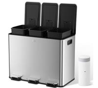 YASHE Cubo de Basura de Cocina 45L, Papelera Reciclaje de 3 Compartimentos en Acero Inoxidable con Pedal, 20 Bolsas y Cubos Extraíbles, 3x15L