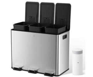 YASHE Cubo de Basura de Cocina 45L, Papelera Reciclaje de 3 Compartimentos en Acero Inoxidable con Pedal, 20 Bolsas y Cubos Extraíbles, 3x15L