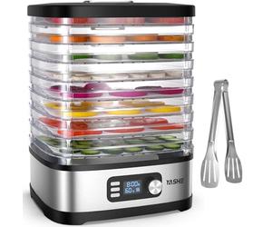 YASHE Deshidratador de Alimentos 8 Bandejas, Temporizador Digital y Control de Temperatura, Bandejas Sin BPA, Hojas de Malla y Rollos de Fruta, Pinzas de Acero Inoxidable, Para Jerky, Frutas, Verduras