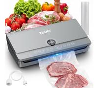 YASHE Envasadora al Vacío 130W 80kPa con Modos Seco/Húmedo, Tiempo de Sellado Ajustable 3-20s, Cortador y Rollo Integrados, Puerto Externo, Protección contra Sobrecalentamiento, Bolsas Incluidas