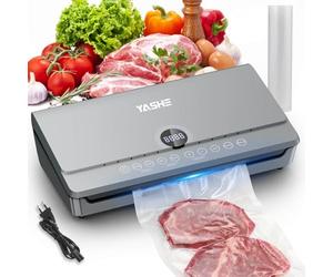 YASHE Envasadora al Vacio 80KPA con Tapa Magnética, 10 en 1 Doble Sellado y Doble Bomba Envasadora al Vacio Domestica, Almacenaje Integrado para Rollos, Incluye 1 Rollo de Bolsas (20cm x 300cm)