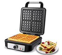 YASHE Gofrera, Máquina de Gofres Cuadrada de 4 Rebanadas, 5 Perillas de Dorado, Luces Indicadoras, Antidesbordamiento, Recubrimiento Antiadherente, 1200W, Plateado/Negro