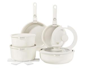 YASHE Juego de ollas y sartenes 15 piezas, revestimiento antiadherente granito, mangos desmontables, apilable, fácil de limpiar, compatible con inducción, gas y vitrocerámica, Blanco