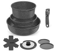 YASHE Juego de Ollas y Sartenes 9 Piezas, Antiadherente con Mangos Desmontables, Compatible con Inducción, Horno y Lavavajillas, Apilable, Color Gris