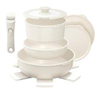 YASHE Juego de ollas y sartenes de 9 piezas, antiadherente, mango desmontable, apto para inducción y horno, diseño apilable, color blanco