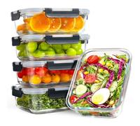 YASHE Paquete de 5 recipientes de vidrio con tapas, 1040 ml, gruesos y duraderos, recipientes de vidrio apilables herméticos para preparación de comidas, almacenamiento de alimentos sin BPA, Negro