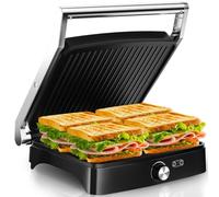 YASHE Parrilla de contacto, sándwich con regulador de temperatura, parrilla de mesa plegable de 180 grados, placa antiadherente, tapa de acero inoxidable, parrilla Panini para sándwich, carne y