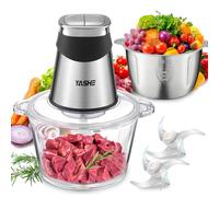 YASHE Picadora Eléctrica, Procesador de Alimentos 500W con Cuencos de Vidrio de 1.8L y Acero Inoxidable de 2L, 2 Velocidades, 2 Juegos de Cuchillas Para Carne, Verduras y Más