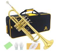 Yasisid Juego de trompeta estándar Bb, instrumento de trompeta de latón con estuche duro, kit de limpieza, boquilla 7C y guantes para adultos o niños - Principiante (dorado)