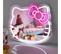 YASIZESOU Hello Kit - Espejo de tocador con letrero de neón de 16 x 14 pulgadas, tamaño grande, espejo LED Hello Kit, brillo ajustable, alimentado por USB, lazo rosa, espejo decorativo para habitación