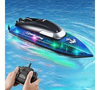 Yaskyly Barco Teledirigido 100 Minutos, 2.4GHz Alta Velocidad Lancha Teledirigida 15 km/h Antivuelco con Luz LED Batería Recargable para Lago Piscina Estanque Barco RC para Niños
