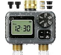 Yaskyly Programador de Riego 2 Salidas, IPX5 Impermeable Temporizador Riego con Entrada y Salida de Latón, Retardo por Lluvia, Riego Automático y Manual, Programador Riego a Pilas para Jardín Césped