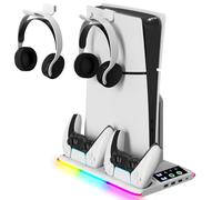 Yaskyly Soporte para PS5/Slim/Pro con Cargador Mando, Ventilador PS5 de 3 Velocidades, Luz LED RGB, Soporte PlayStation 5 Vertical con 3 Puertos USB, Soportes Compatible con Consola PlayStation 5