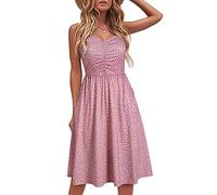 YATHON Vestidos Casuales para Mujer, sin Mangas, de algodón, Vestido de Playa, Acampanado, Tirantes Delgados, Vestidos de Verano con Bolsillos, Rosa/Blanco, S