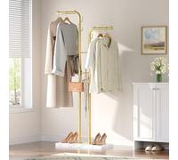 YATINEY Perchero con Doble Barra, Burro de Ropa de Pie Dorado, Organizador de Ropa para Entrada, con 8 Ganchos y Base con Motivos Marmoleados, Estilo Moderno, para Recibidor, XYM02DWY1