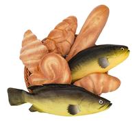 Yatinkim Juego de 7 piezas de panes y peces falsos de Jesús, panes milagrosos y decoración de peces, 5 panes artificiales, 2 corvinas amarillas de espuma falsa para el hogar, cocina, fotografía