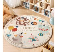 YATOLA Redonda Alfombras Salón Alfombra Habitación Lavables para Dormitorio Antideslizante de Cama Infantil Peluche Fácil Cuidar Alfombra de Juegos Lavable Motivo Elefante León (Beige 1, 100x100cm)