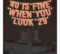 Yatufom Decoraciones de fiesta de cumpleaños número 40 para mujeres, preencordadas, oro rosa, 40 Is Fine When You Look 29 Banner con 3 piezas de 3 luces LED blancas cálidas de 1 m, suministros