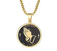 Yaumatea Collar de oración de serenidad con colgante de moneda de manos rezando para hombres y mujeres, oración del señor, versículo bíblico, valor, sabiduría, acero inoxidable, 24 pulgadas, Acero