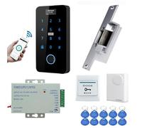 YAVIS Kit Sistema de Control de Acceso Tuya WiFi, Teclado de Huellas Impermeable Dactilares de Pantalla táctil NFC con Pantalla RFID 125 kHz/13,56 MHz, Cerradura eléctrica, Alimentación, Door Bell