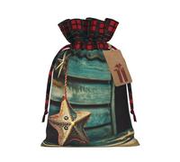 YaWea Bolsas de regalo de Navidad con estampado de estrella de mar de madera para Navidad, bolsas de dulces de Navidad, suministros de fiesta, saco de arpillera con cordón