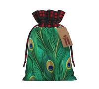 YaWea Bolsas de regalo de Navidad con estampado de plumas de pavo real verde para Navidad, bolsas de golosinas, suministros de fiesta, saco de arpillera con cordón