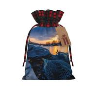 YaWea Bolsas de regalo de Navidad con estampado de red de pesca, bolsas de regalo de Navidad, suministros de fiesta, saco de arpillera con cordón