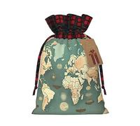 YaWea Bolsas de regalo de Navidad con estampado retro de mapa del mundo para Navidad, bolsas de dulces de Navidad, suministros de fiesta, saco de arpillera con cordón