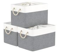 Yawinhe Juego de 3 Cestas de Almacenamiento de Tela, Cajas de Almacenaje Plegable con Cubierta de Cordón y 2 Asas, para Ropa, Blanco/Gris, 38x28x26cm, SNK003WGL