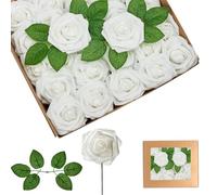 yayafunfun 25 Flores Artificiales Blancas, Rosas de Espuma de Tacto Real con Tallos para Novia, Baby Shower, tumbas, San Valentín, Navidad y decoración de Boda