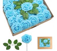 yayafunfun 25 Flores Artificiales de Color Azul Cielo, Rosas de Espuma de Tacto Real con Tallos para Novia, Baby Shower, tumbas, San Valentín, Navidad y decoración de Boda