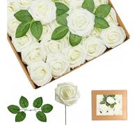 yayafunfun 25 Flores Artificiales de Color Blanco Roto, Rosas de Espuma de Tacto Real con Tallos para Novia, Baby Shower, tumbas, San Valentín, Navidad y decoración de Boda