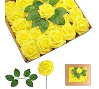 yayafunfun 25 Rosas Amarillas Artificiales, Rosas de Espuma de Tacto Real a Granel con Tallos para Novia, Baby Shower, tumbas, San Valentín, Navidad y decoración de Boda