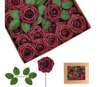 yayafunfun 25 Rosas Artificiales de Color Rojo Vino, Rosas de Espuma de Tacto Real a Granel con Tallos para Novia, Baby Shower, tumbas, San Valentín, Navidad y decoración